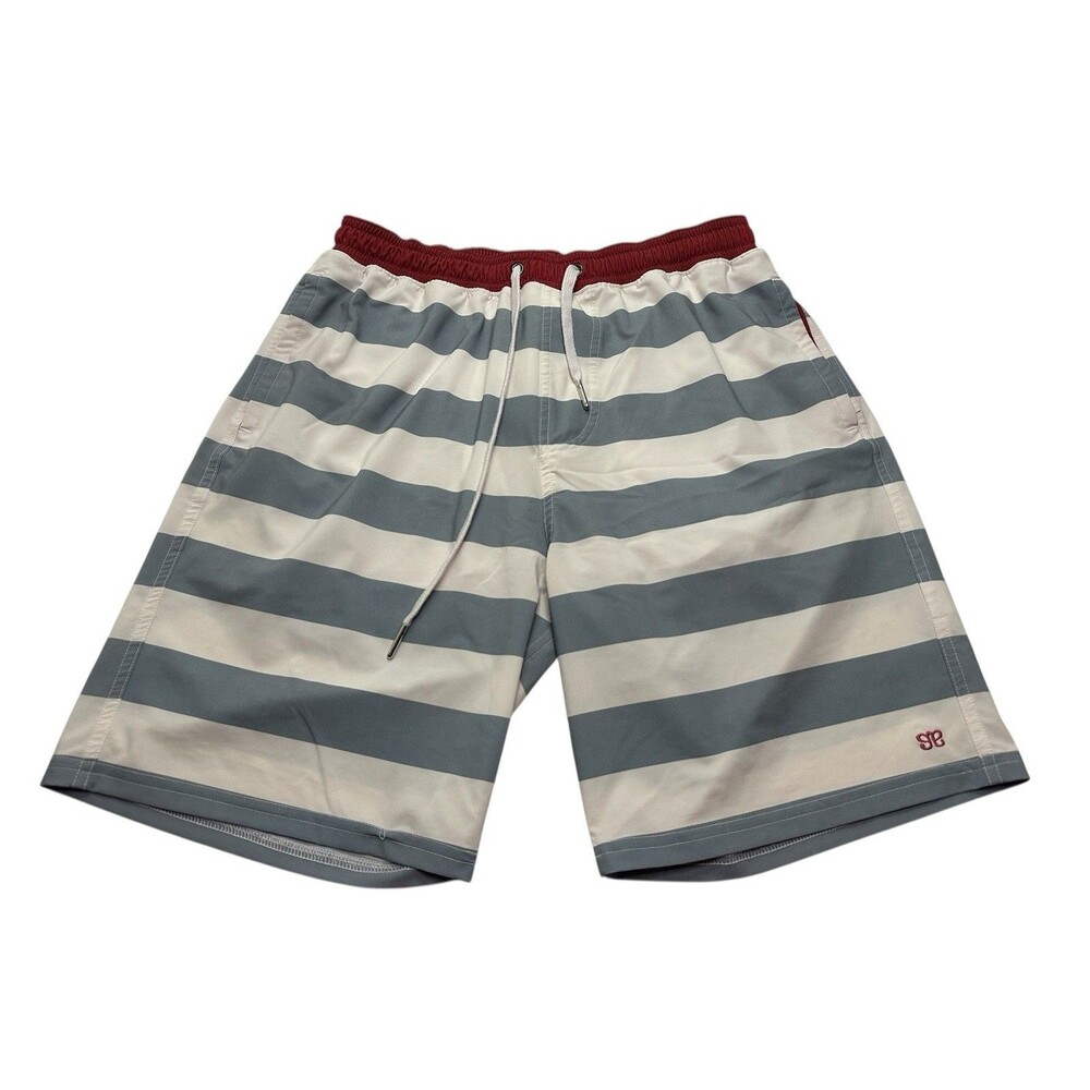 Men's Albion Fit Striped Fully Lined Swim Shorts 8" Size 34 White Grey Red